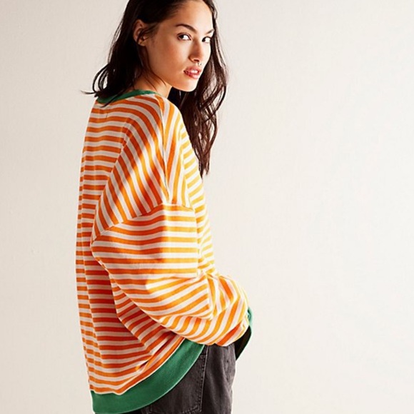 NWOT Free People Orange Green Long Sleeve Crew Neck Oversized Sweatshirt Size XL - Picture 3 of 4